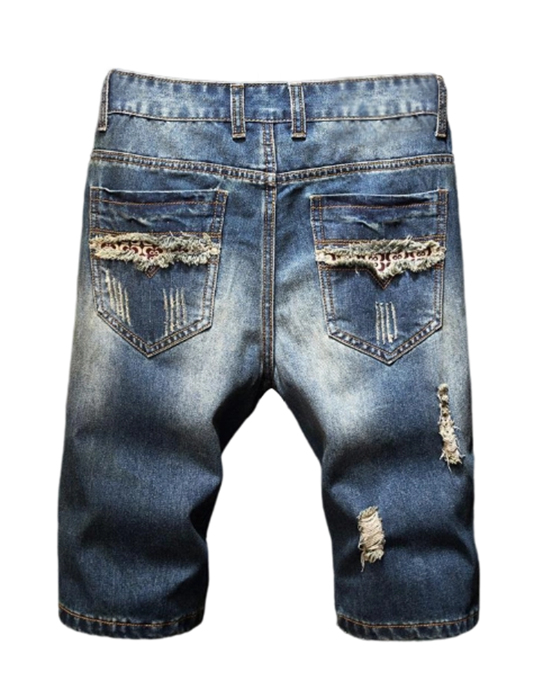 28-48 Size Irregular Distressed Flanged Denim Cropped Shorts
