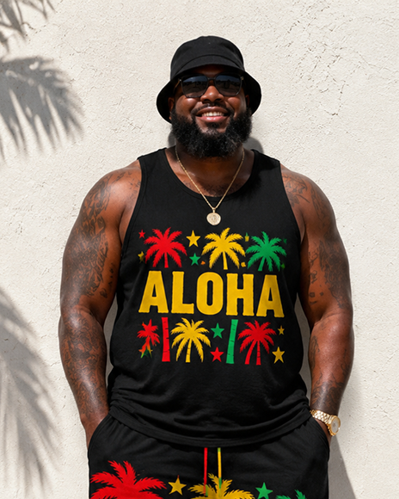 Big & Tall Men's Reggae ALOHA Alphabet Coconut Tree Star Print Tank Top Shorts Set