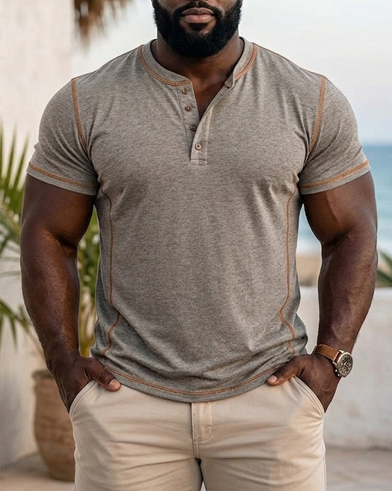 S-3XL Henry Shirt Men's Round Neck Short Sleeve T-shirt
