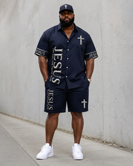 Big & Tall Men's JESUS Alphabet Cross Print Short Sleeve Shirt Shorts Set