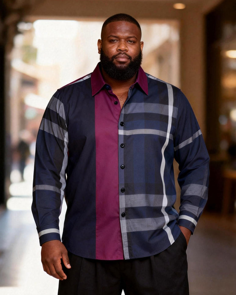 Big & Tall Men's Navy Purple Stitching Pattern Printed Long Sleeve Shirt