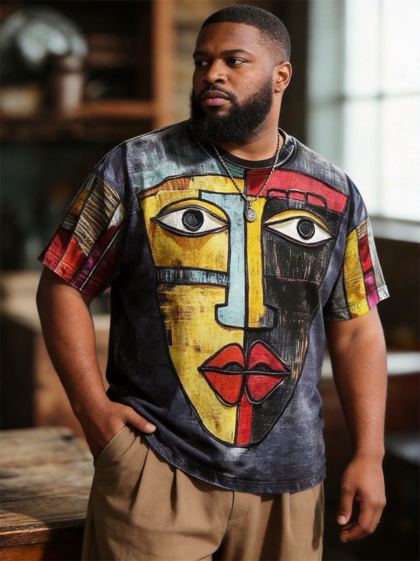 Big & Tall Men's Abstract Face Art Print Round Neck Short Sleeve T-Shirt