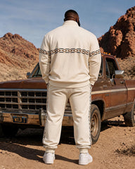 Big & Tall Men's Retro Rice White Cow's Head Printed Half Zipper Sweater Set