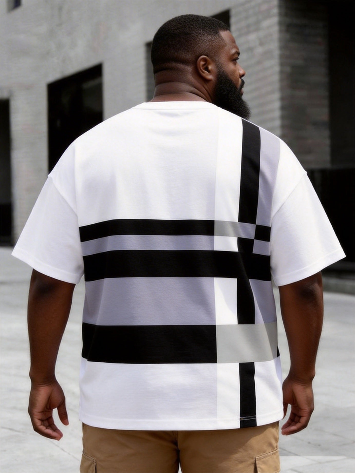 Big & Tall Men's Gray White Black Geometric Stripe Printed Henry Collar Button Short Sleeve T-Shirt