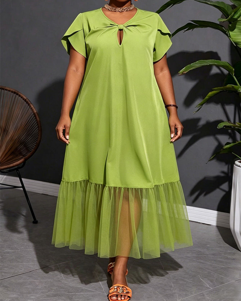 L-4XL Solid Color Design Mesh Stitching Midi Dress