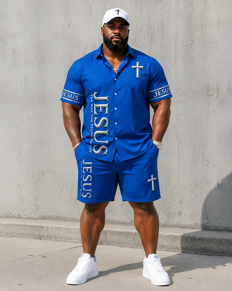 Big & Tall Men's JESUS Alphabet Cross Print Short Sleeve Shirt Shorts Set