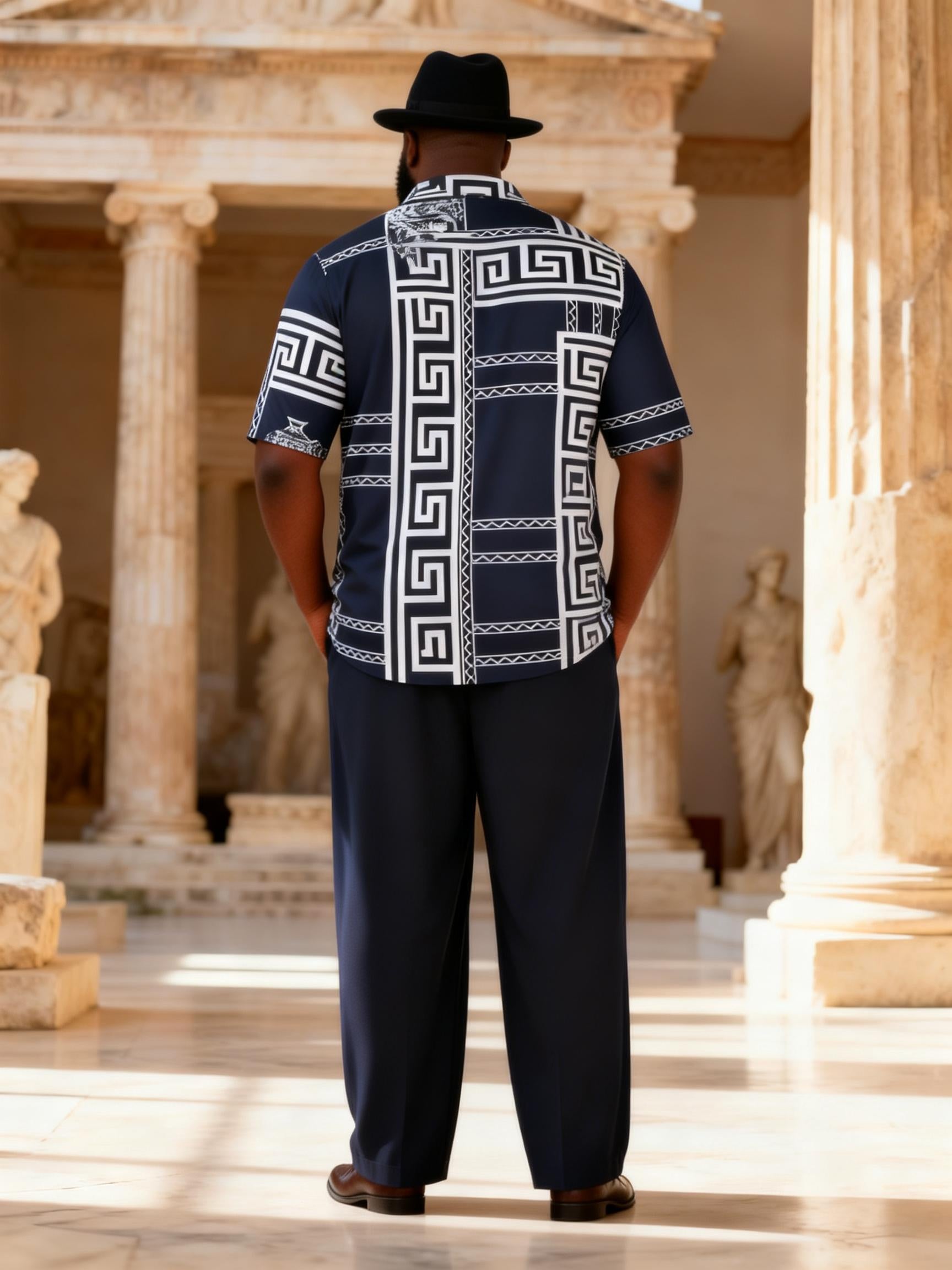 Big & Tall Men's Navy Greek Printed Short Sleeve Shirt Trousers Suit