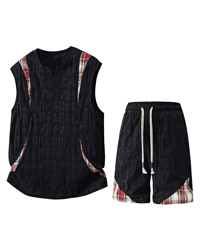 L-9XL Casual Sports Letters Jacquard Patchwork Plaid Vest Shorts Set