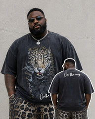 Big & Tall Men's Front And Back Printed Black Leopard Printed Round Neck Short Sleeve T-shirt Shorts Set