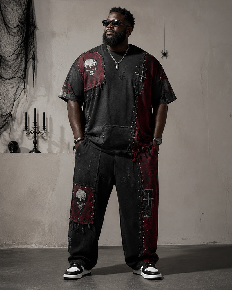 Big & Tall Men's Black And Red Stitching Rivet Skull Cross Printed T-Shirt Pants Set