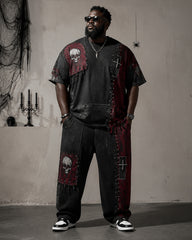Big & Tall Men's Black And Red Stitching Rivet Skull Cross Printed T-Shirt Pants Set
