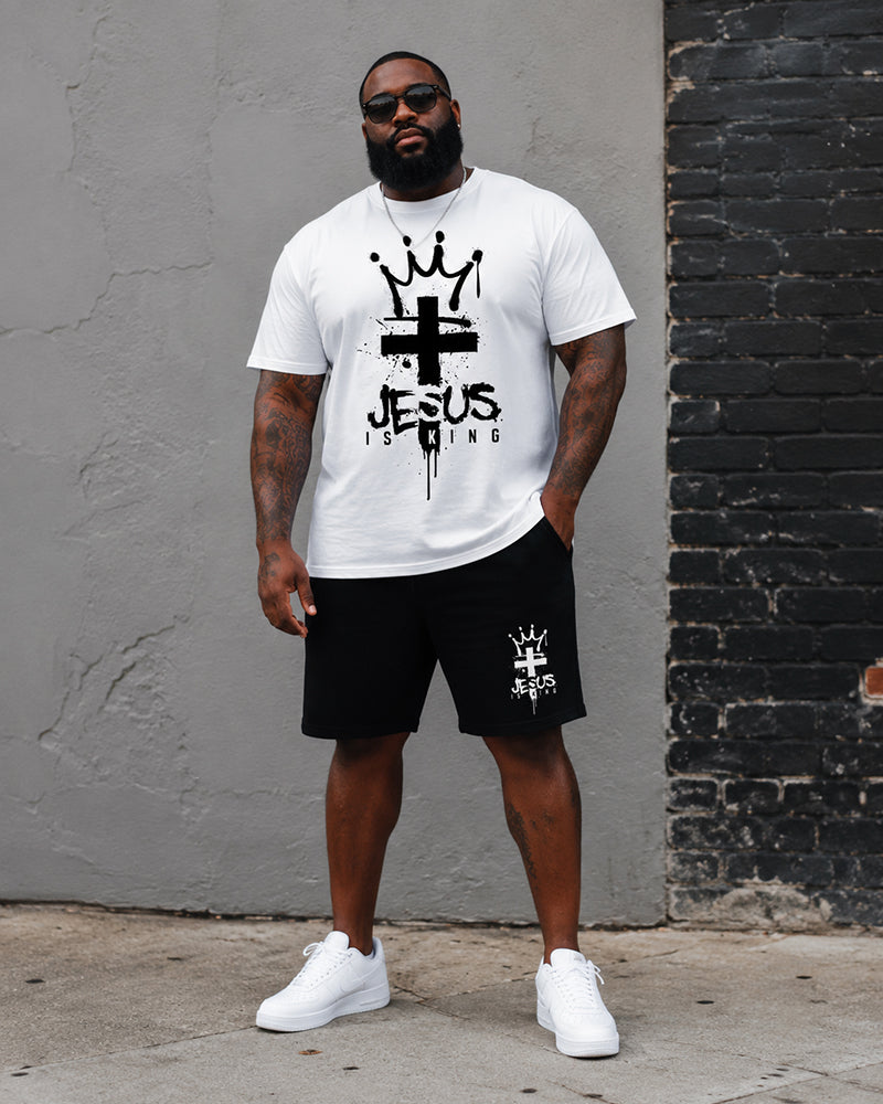 Big & Tall Men's Splash Ink Crown Cross JESUS IS KING Printed Round Neck Short Sleeve T-Shirt Shorts Set