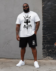 Big & Tall Men's Splash Ink Crown Cross JESUS IS KING Printed Round Neck Short Sleeve T-Shirt Shorts Set