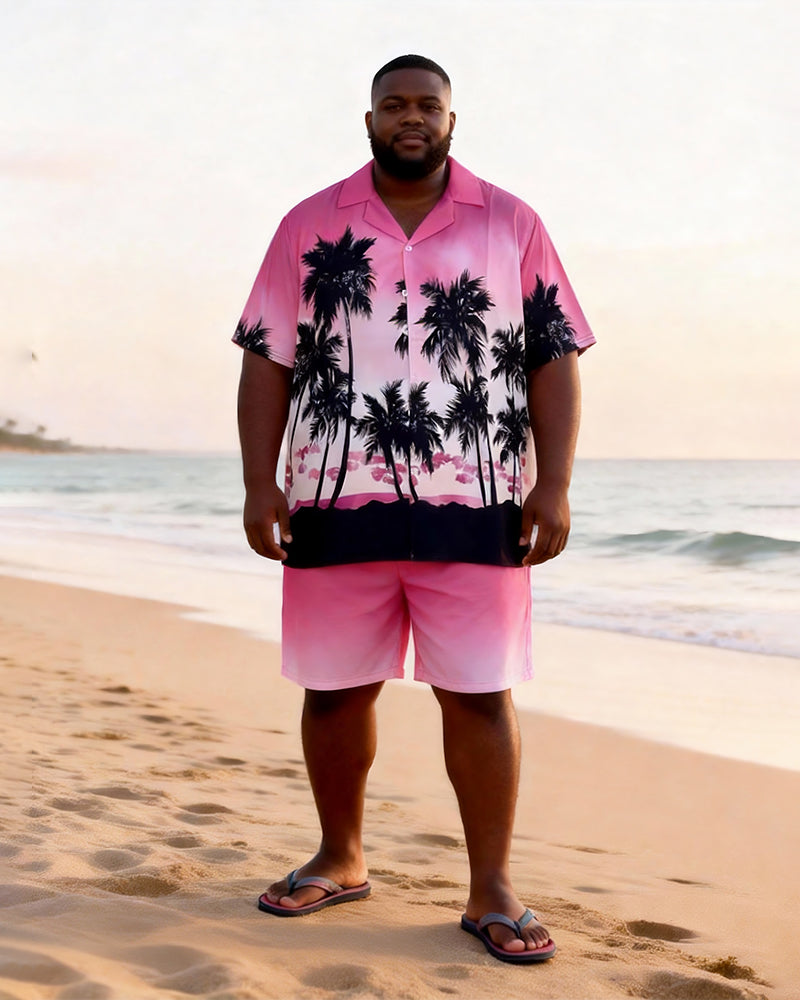 Big & Tall Men's Pink Black Gradient Coconut Printed Short Sleeve Shirt Shorts Set