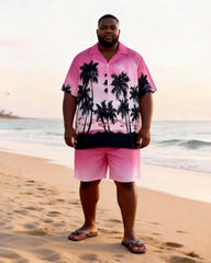 Big & Tall Men's Pink Black Gradient Coconut Printed Short Sleeve Shirt Shorts Set