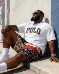 Big & Tall Men's Vintage Cashew Flower POLO Letter Printed Round Neck Short Sleeve T-Shirt Shorts Set