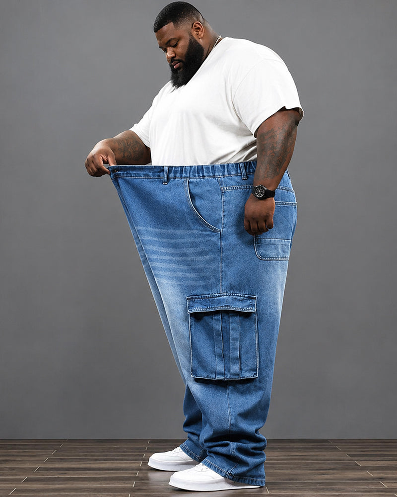 4XL-9XL Plus Size Men's Washed White Multi-Pocket Tooling Staggable Waist Denim Pants