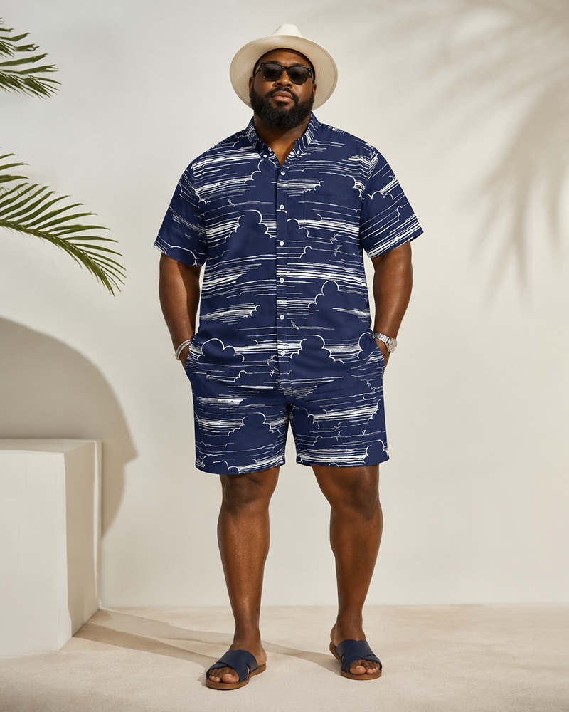 Big & Tall Men's White Cloud Airplane Line Print Short Sleeve Shirt Shorts Set