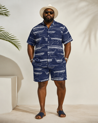 Big & Tall Men's White Cloud Airplane Line Print Short Sleeve Shirt Shorts Set