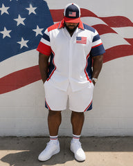 Big & Tall Men's Flag Contrast Stitching Printed Short Sleeve Shirt Shorts Set