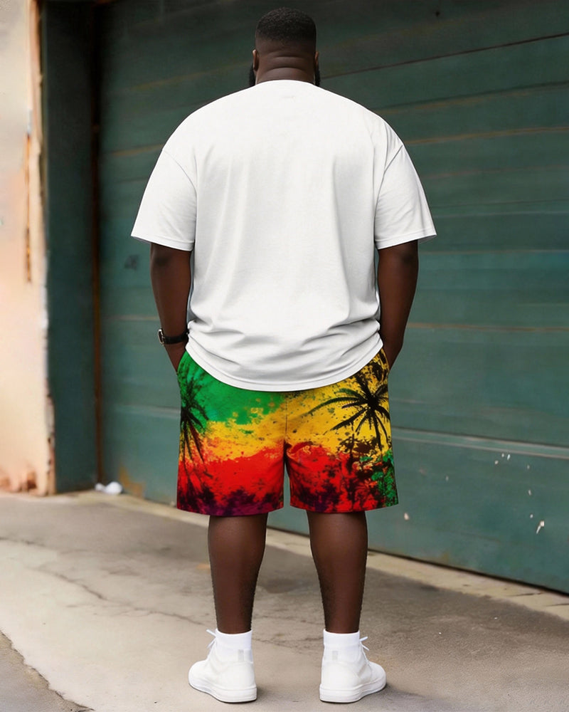 Big & Tall Men's Reggae Color Coconut Tree Print Round Neck Short Sleeve T-Shirt Shorts Set