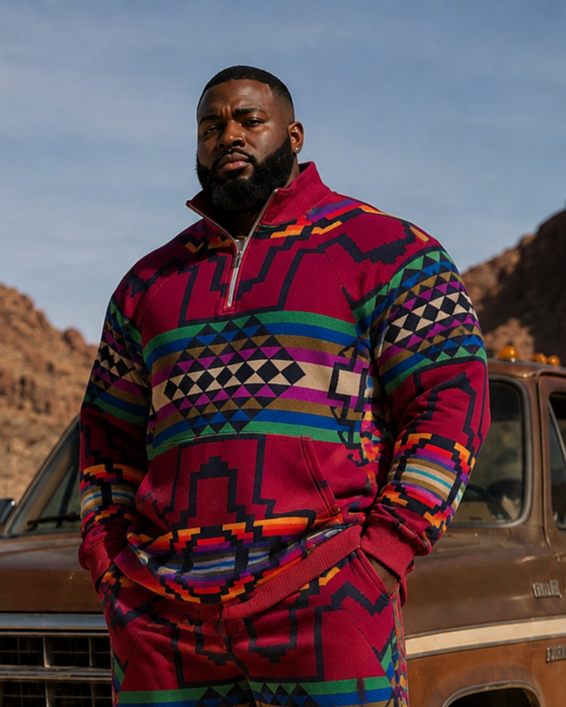 Big & Tall Men’s Ethnic-Style Geometric Print Half-Zip Hoodie Set
