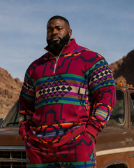 Big & Tall Men’s Ethnic-Style Geometric Print Half-Zip Hoodie Set