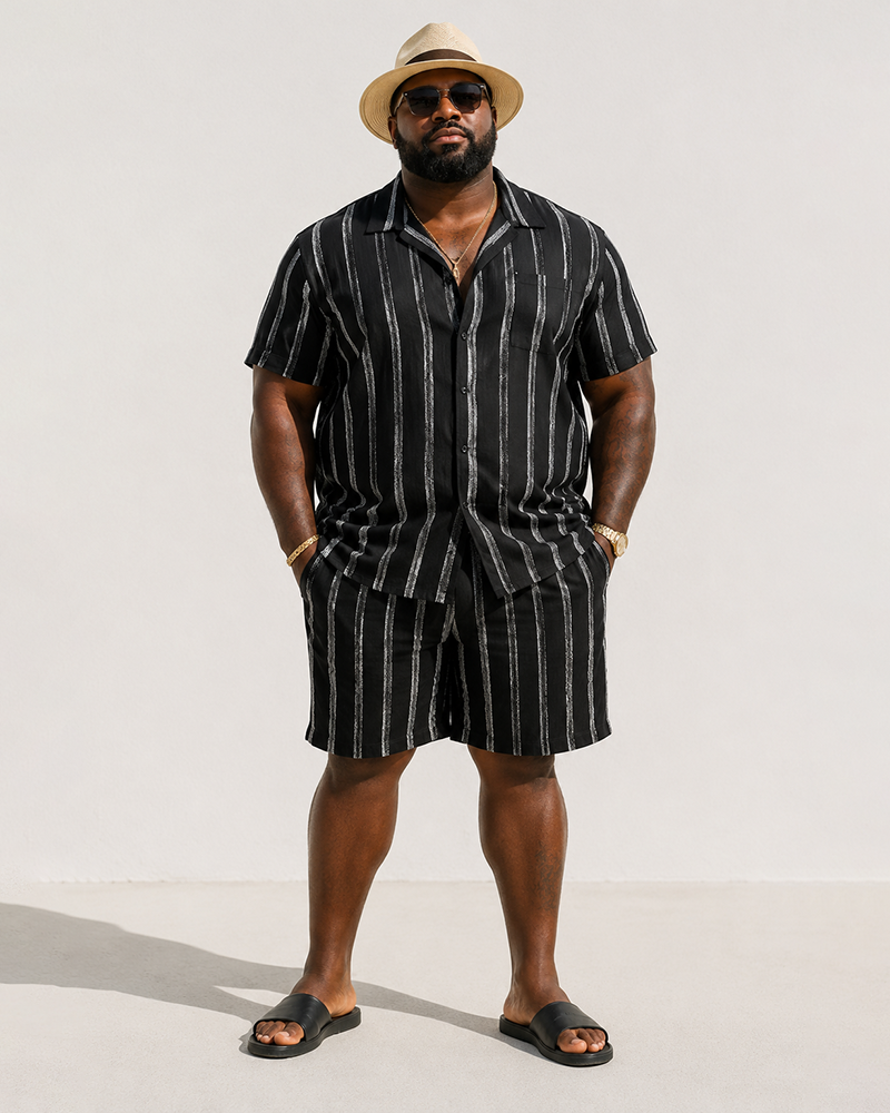 Big & Tall Men's Black Silver Flash Vertical Stripes Printed Short Sleeve Shirt Shorts Set