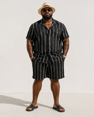 Big & Tall Men's Black Silver Flash Vertical Stripes Printed Short Sleeve Shirt Shorts Set