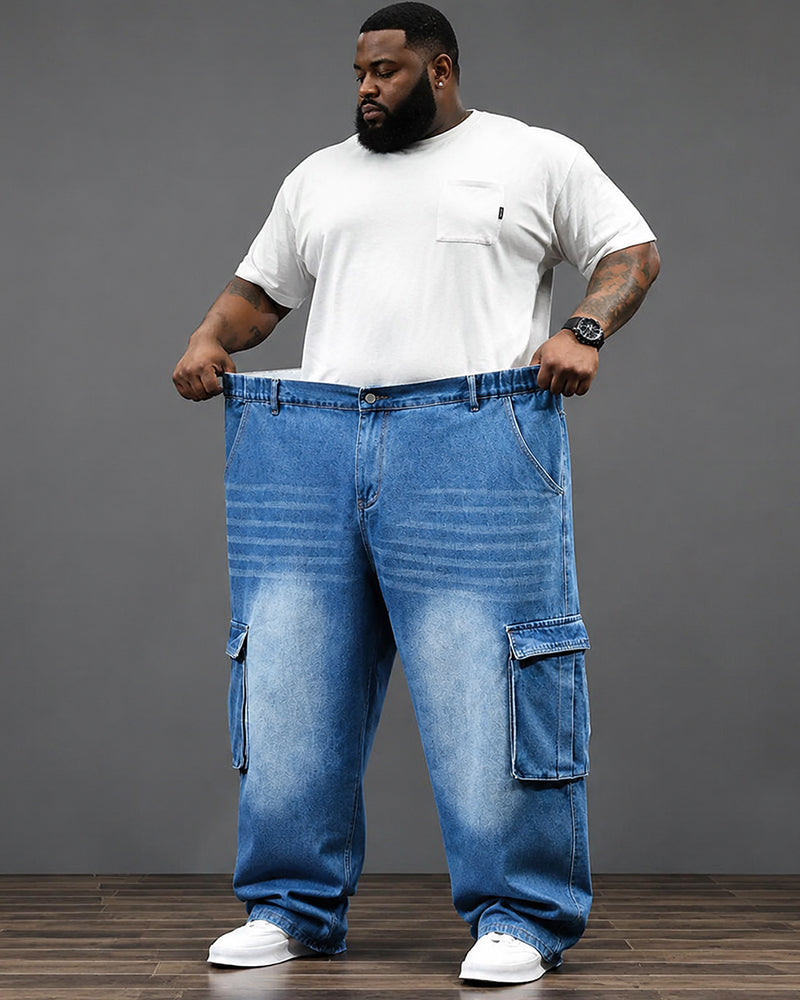 4XL-9XL Plus Size Men's Washed White Multi-Pocket Tooling Staggable Waist Denim Pants