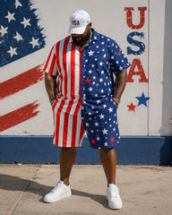 Big & Tall Men's Striped Five-pointed Star Contrast Printed Short Sleeve Shirt Shorts Set