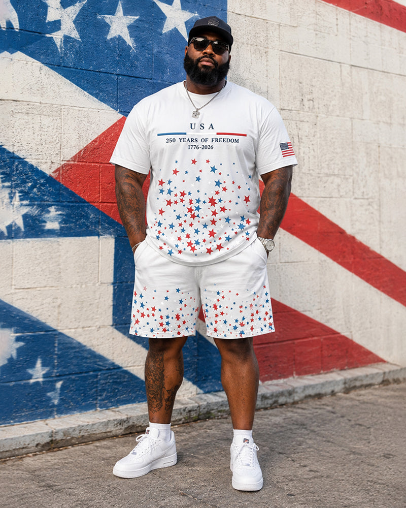 Big & Tall Men's 250 Anniversary Red And Blue Star Printed Crewneck Short Sleeve T-Shirt Shorts Set