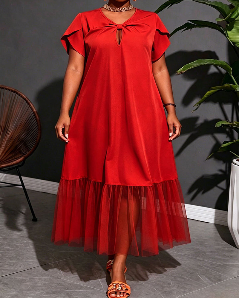 L-4XL Solid Color Design Mesh Stitching Midi Dress
