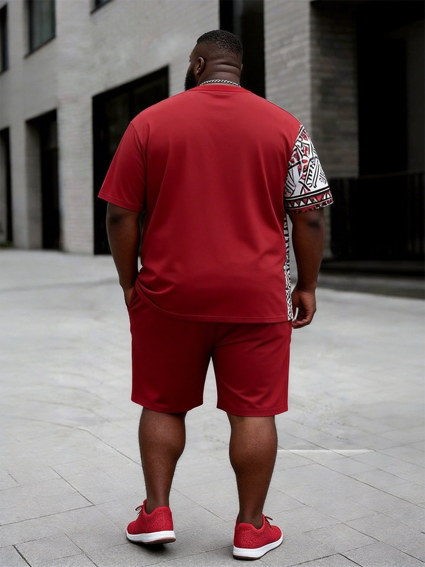 Big & Tall Men's Spliced Skull Ethnic Style Printed Crewneck Short Sleeve T-Shirt Shorts Set