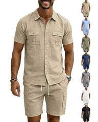 S-3XL Solid Color Lapel Shirt Multi-pocket Short Sleeve Shorts Set