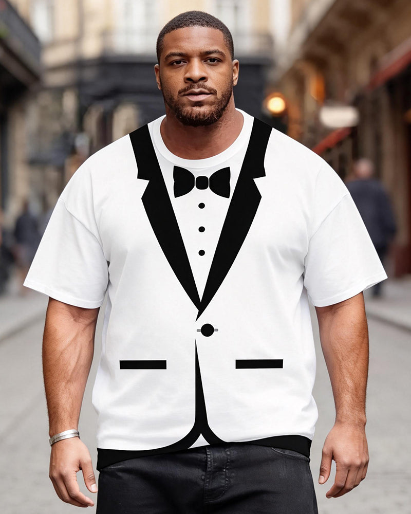 Big & Tall Men's Fun Fake Suit Bow Tie Printed Round Neck Short Sleeve T-Shirt
