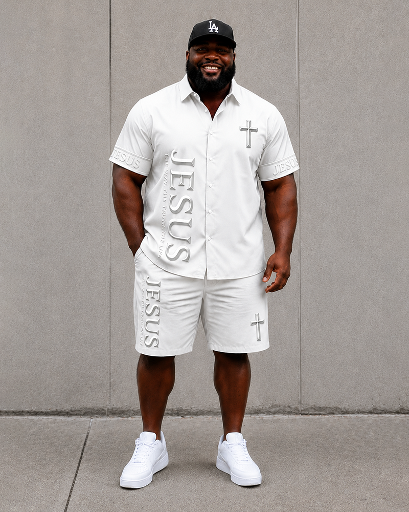 Big & Tall Men's JESUS Alphabet Cross Print Short Sleeve Shirt Shorts Set