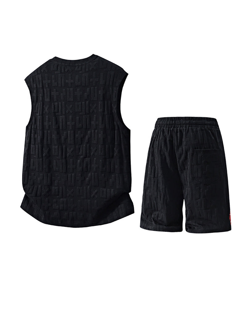 L-9XL Casual Sports Letters Jacquard Patchwork Plaid Vest Shorts Set