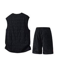 L-9XL Casual Sports Letters Jacquard Patchwork Plaid Vest Shorts Set