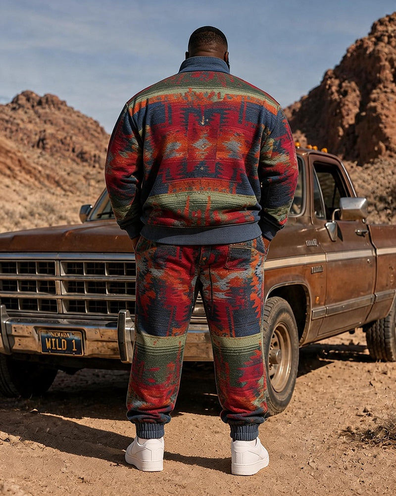 Big & Tall Men's Western Navajo Print Half-Zip Sweatshirt Set