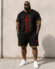 Big & Tall Men's Contrast Red Cross Scripture Printed Round Neck Short Sleeve T-Shirt Shorts Set