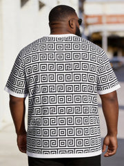 Big & Tall Men's Black And White Print Henley Collar Button Short Sleeve T-shirt