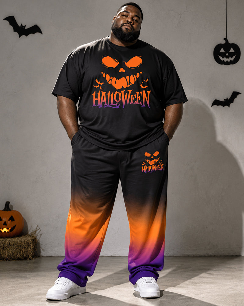 Big & Tall Men's Halloween Pumpkin Smiley Alphabet Print T-Shirt Pants Set