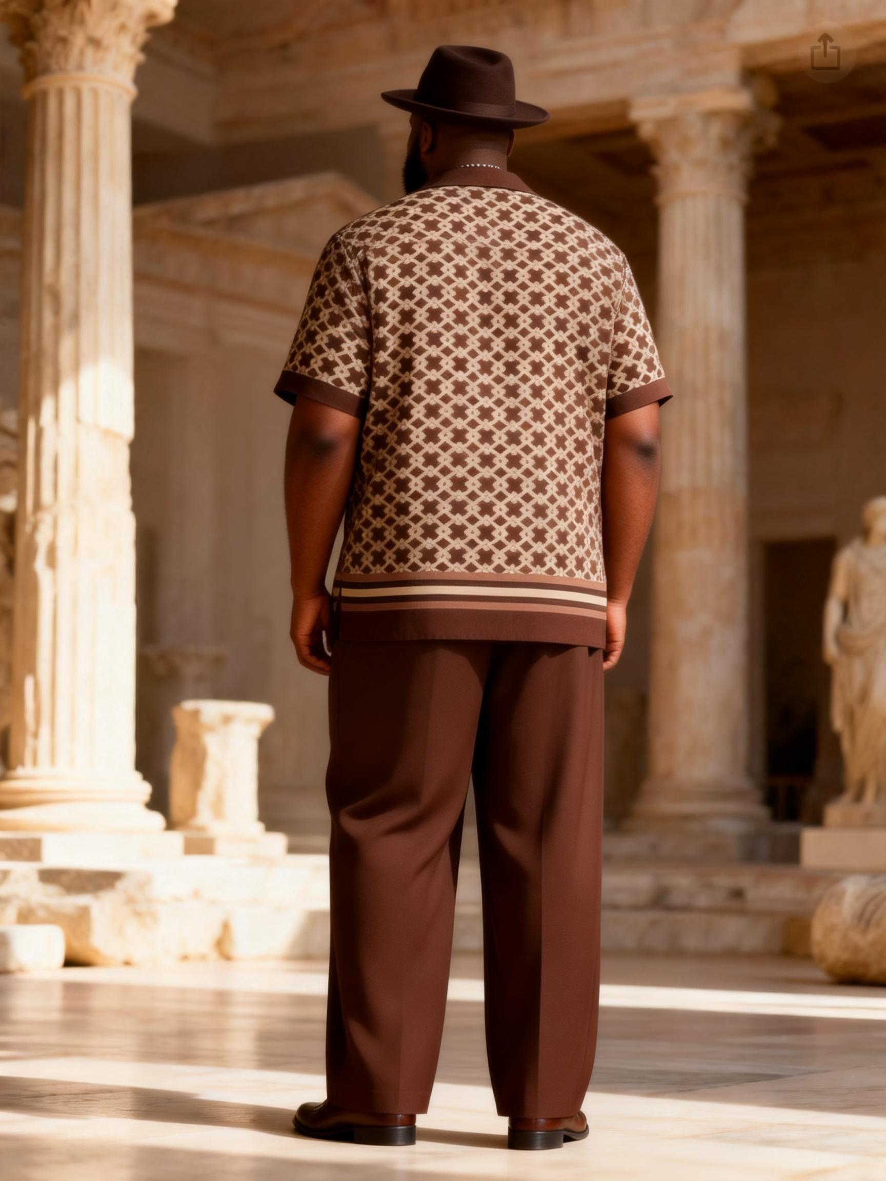 Big & Tall Men's Dark Brown Geometric Jacquard Print Short Sleeve Shirt Pants Set