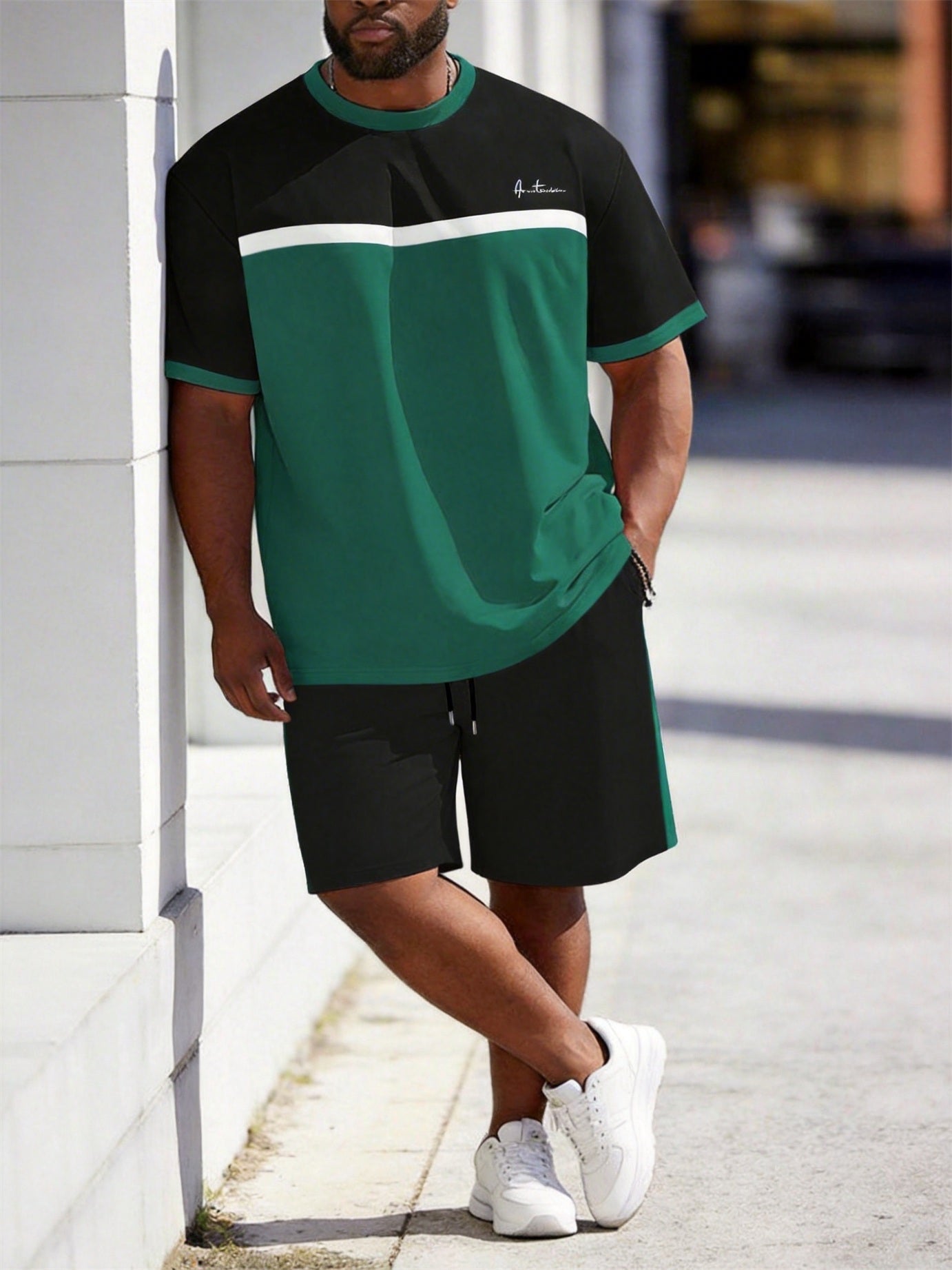 Big & Tall Men's Black And Green Color Block Printed Round Neck Short Sleeve T-shirt Shorts Set