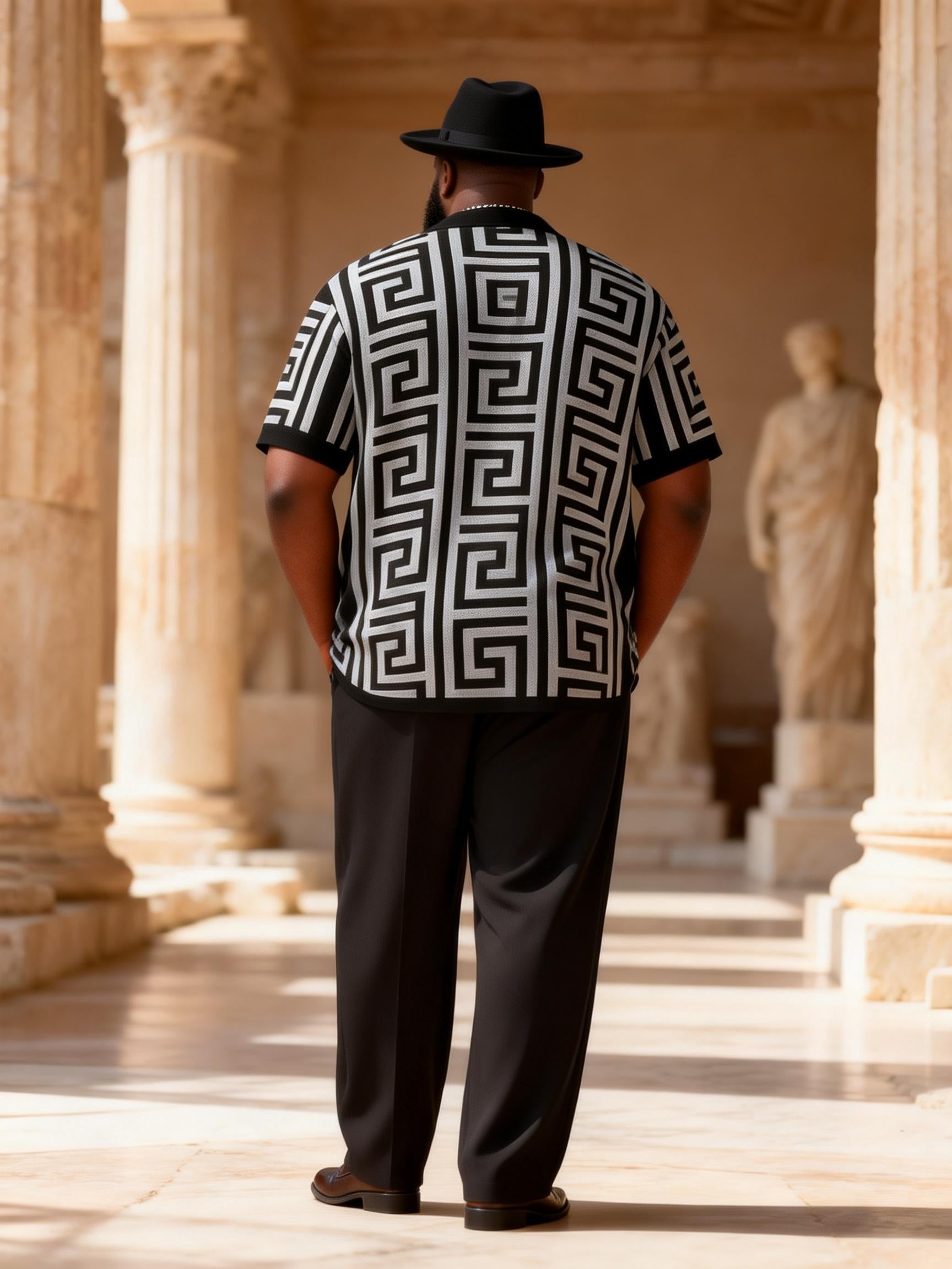 Big & Tall Men's Black And White Maze Print Short Sleeve Shirt Pants Set