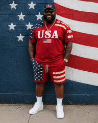 Big & Tall Men's USA Flag Printed Crewneck Short Sleeve T-Shirt Shorts Set