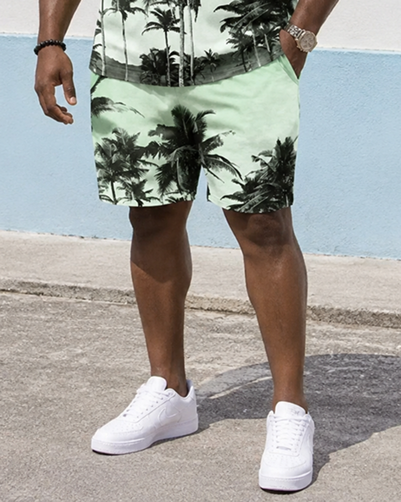 Big & Tall Men's Light Green Gradient Black Coconut Tree Print Vest Shorts Set