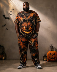 Big & Tall Men's Horror Pumpkin Bat Print T-Shirt Pants Set