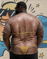 Big & Tall Men's Yellow Lace-up Bikini Full-body Muscle Fun Printed Round Neck Short-sleeve T-shirt